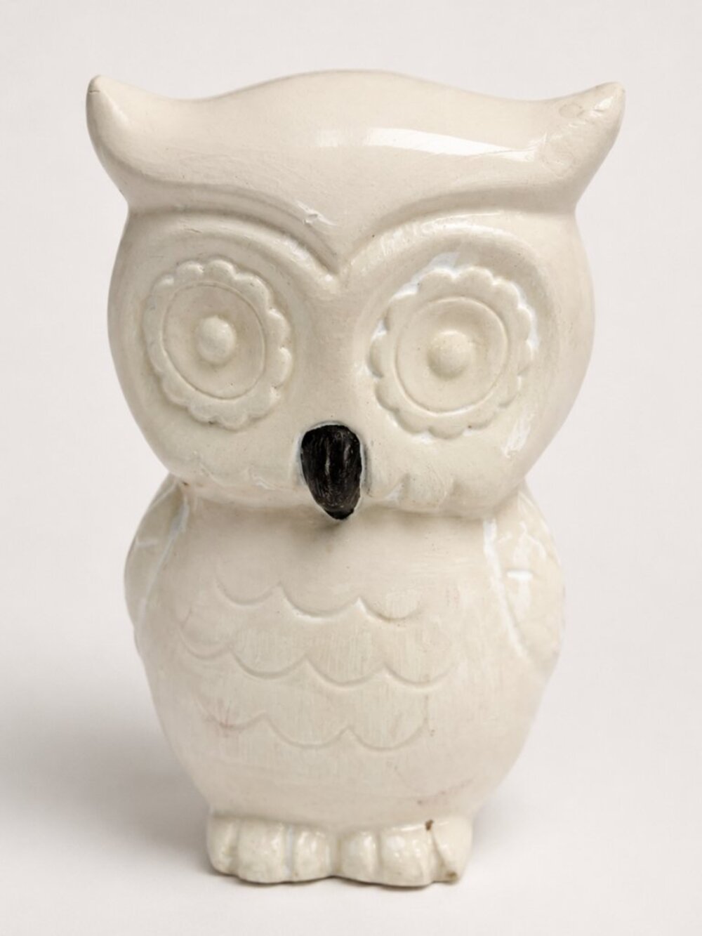 Vintage Ceramic Owl Figurine Cream Glossy Hand Painted Look 5.75" Decor